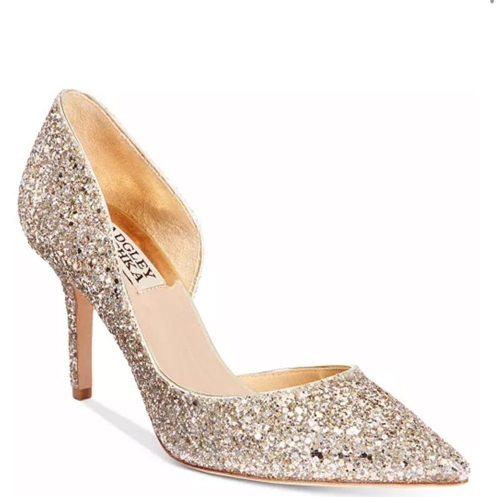 AUTHENTIC BADGLEY MISCHKA GOLD SPARKLE DAISY D’ORSAY PUMP HEELS SIZE 6